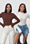 Women's 2-Piece Long Sleeve Bodysuit White - Brown Half Turtleneck Bodysuit Cotton Bodysuit