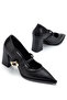 Black Leather Heeled Women's Shoes with Gold Buckle - 2