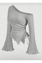 Women's Gray Asymmetrical Spanish Sleeve B Ruched Detail Knitwear Blouse - 2