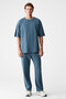 Easy Men's Cotton Crew Neck Elastic Waist Drawstring Double Pocket Regular Petrol Blue Top and Bottom Set