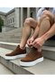 Men's Tan White Lace-Up Leather Classic Shoes Casual Sports Stylish High Flat Sole Comfortable Sneaker - 2