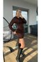 Women's Hooded Skirt Shirred Long Sleeve Mini Dress Brown - 3