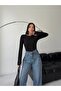 Women's Crew Neck Black Basic Slip-On Stretchy Body Cotton Finger Detail Blouse - 4