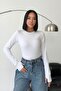 Women's Crew Neck White Basic Slip-On Stretchy Body Cotton Finger Detail Blouse