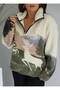 Deer Patterned Half Zipper Plush Sweatshirt - 2