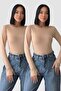 Women's 2-Piece Basic Beige Beige Bodysuit with Finger Loops and Cotton Finger Detail Blouse