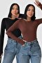 Women's 2-Piece Crew Neck Black Brown Basic Body Fitted Cotton Finger Detail Blouse