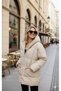 Beige Zip-Up Hooded Windproof Women's Puffer Coat