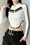 Zippered White Polo Collar Striped Asymmetrical Long Sleeve Cropped Blouse - 2