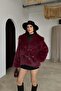 Women's Burgundy Pocket Lined Oversized Fur Jacket Mlb135 - 4
