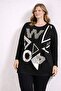 Women's Plus Size Black, Print and Stone Detailed Viscose Long Sleeve Blouse 65N39343 - 4