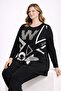 Women's Plus Size Black, Print and Stone Detailed Viscose Long Sleeve Blouse 65N39343 - 5