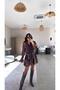 Brown Patterned Belted Chiffon Dress with Lace Detail - 2