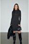 Women's Black Dress Premium Brushed Ribbed Knit Fabric Zipper Neckline Long Sleeve Bodycon Dress