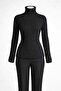 Women's Black Ribbed Turtleneck Raglan Sleeve Knitwear Sweater-Slim Fit Pattern - 2