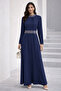 Indigo Hijab Dress with Embroidery on Collar and Belt