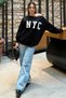 Black Boat Neck Oversize Printed Women's Sweatshirt Sh204 - 7