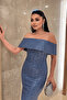 Beaded Tulle Fabric Strapless Pencil Dress - INDIGO BLUE - 4