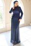 Satin and Sequined Hijab Evening Dress Set with Floral Brooch and Lace-Up Back Dark Blue 1683 - 3
