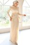 Floral Brooched Lace-Up Back Satin and Sequined Hijab Evening Dress Set Beige 1683 - 6