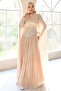 Stone Beaded Pleated and Cape Detailed Satin-Yoryo Silk Hijab Evening Dress Beige 1054 - 5