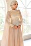 Stone Beaded Pleated and Cape Detailed Satin-Yoryo Silk Hijab Evening Dress Beige 1054 - 2