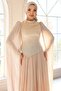 Stone Beaded Pleated and Cape Detailed Satin-Yoryo Silk Hijab Evening Dress Beige 1054 - 4