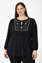 Women's Plus Size Black, Cotton Fabric, Embroidery Detailed, Elastic Cuff Blouse 65N39328