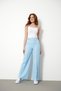 Women's Light Blue High Waist Palazzo Pants with Pockets, Wide Legs, Button Detail Slim Fit Kalip Trousers - 3