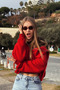 Women's Oversized Cotton Cut-Out Front Metal Zipper Hooded Sweatshirt Red - 3