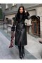 Women's Fur-Trimmed Sleeve and Collar Belted Leather Trench Coat Overcoat - 2