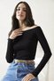 Women's Boat Neck Black Ribbed Knit Blouse – Long Sleeve Flexible Fit Top - 6