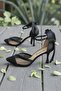 Milano 7 cm Heeled Shoes Black Satin with Pearls and Barettes, Mesh Evening Shoes - 8