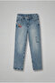 Men's Slogan Embroidered Baggy Jean Trousers Blue
