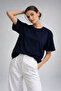 Women's Navy Blue 100% Cotton Oversize Basic T-Shirt – Relaxed Fit Relaxed Crew Neck T-Shirt - 2