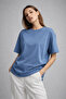 Women's Blue 100% Cotton Oversize Basic T-Shirt – Relaxed Fit Relaxed Crew Neck T-Shirt - 3