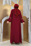 Stone Detailed Abaya Zero Sleeve Dress Set 3657 Claret Red - 8