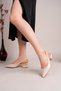 Women's Beige Patent Leather Strappy New Season Low Heel Shoes with Golden Buckle - 8