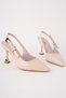 Women's Beige Patent Leather Buckle Pointed Stylish Heeled Stiletto Shoes