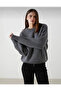 Women's Knitwear Regular Fit Crew Neck Anthracite Extra Soft Wool Textured Oversized Women's Sweater - 2