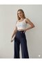 Women's Navy Blue High Waist Wide Leg Palazzo Button Detail Slim Fit Cut Trousers