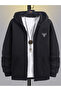 Men's Black Hooded Zip-Up Oversized Brushed Inside Printed Sweatshirt Winter School Cardigan