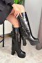 Women's Herney Black Wrinkled Patent Leather 12 cm Platform Heeled Slip-On Boots