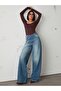 Women's Cross Detailed Regular Waist Wide Leg Denim Pants - 3