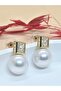 White Pearl Earrings with Square Stone Detail - 2