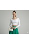 Women's White Crew Neck Long Sleeve Viscose Crop Blouse