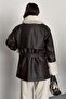 Women's Fur Detailed Belted Leather Coat Lined Long Faux Leather Coat - 3