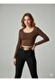 Women's Brown Crew Neck Long Sleeve Viscose Crop Blouse