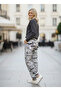 Women's Black-White Printed Elastic Waist High Waist Sweatpants Nj18