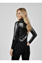 Women's Black Metallic Leather-Look Half Turtleneck Crop Blouse Nj37 - 3